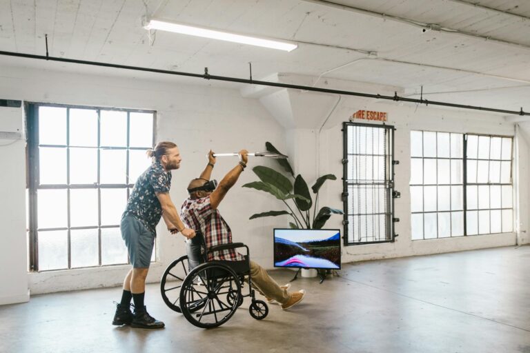 A diverse group engages in virtual reality indoors for rehabilitation and fun.